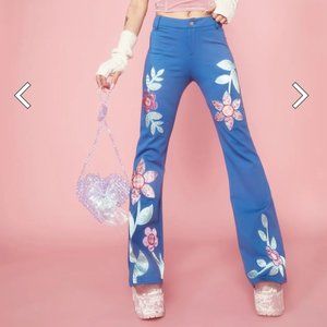 Dolls Kill Blue Low-Rise Pants with Flower Detailing - NWT